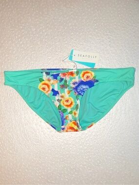 NWT Seafolly Teal Floral Bikini Hipster Bottoms Sz US 12 Tropical Beach